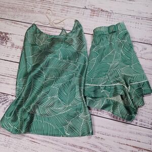 Victoria's Secret Pajama Set Womens XXL Green Excellent Satin Tropical Leaf